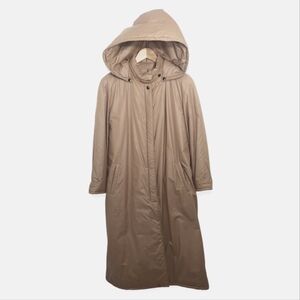 London Fog Women's Size 12 Regular Tan Long Coat Jacket Hooded Lined Belted